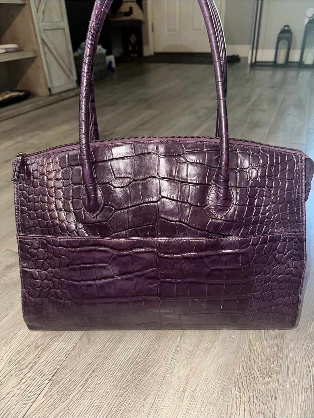 Michael Rome Designs Purple Moc Croc Embossed Leather Satchel Tote Bag Purse
